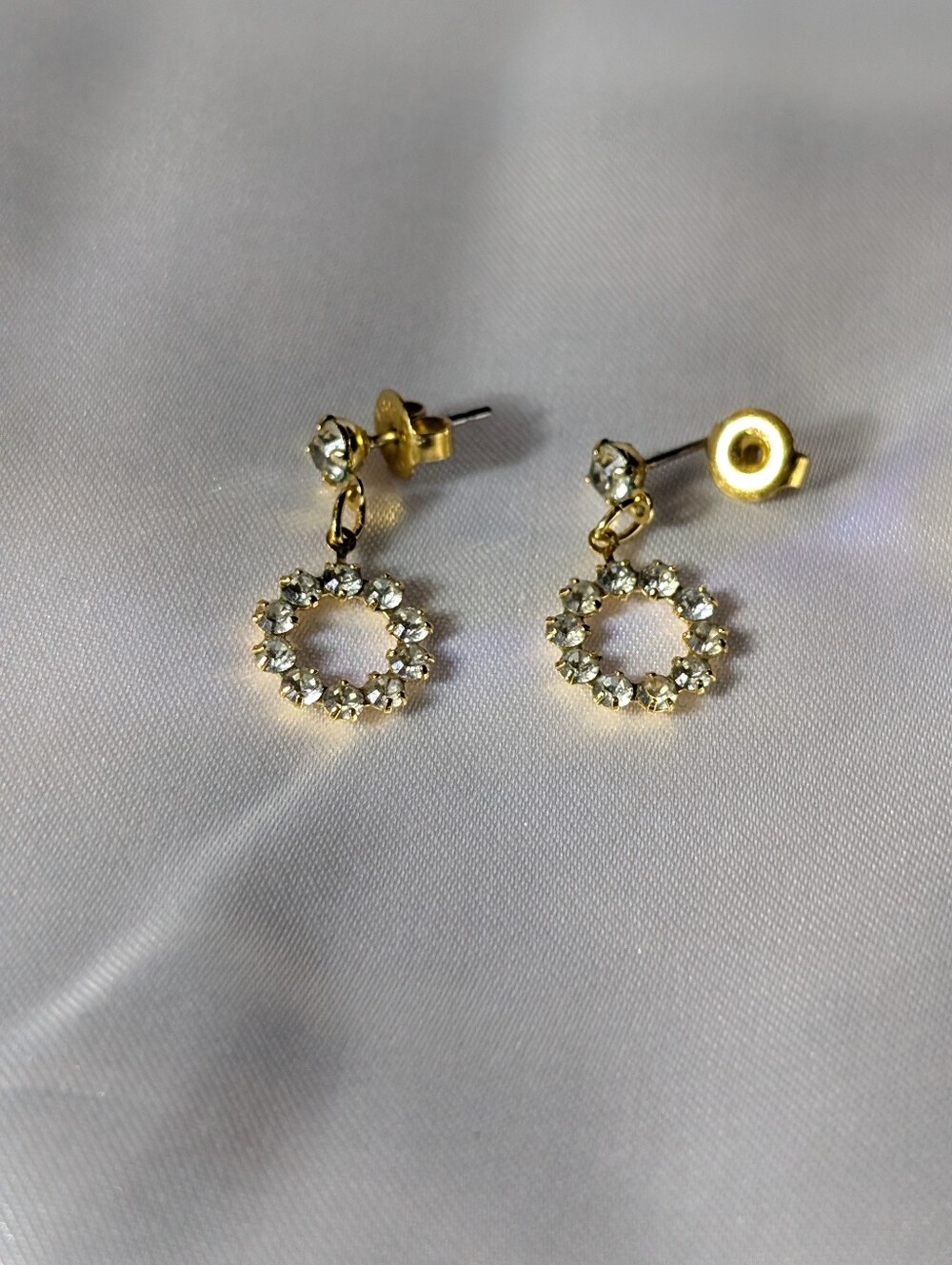Vintage Gold Tone Clear Rhinestone Open Circle Wreath Halo Drop Stud Earrings